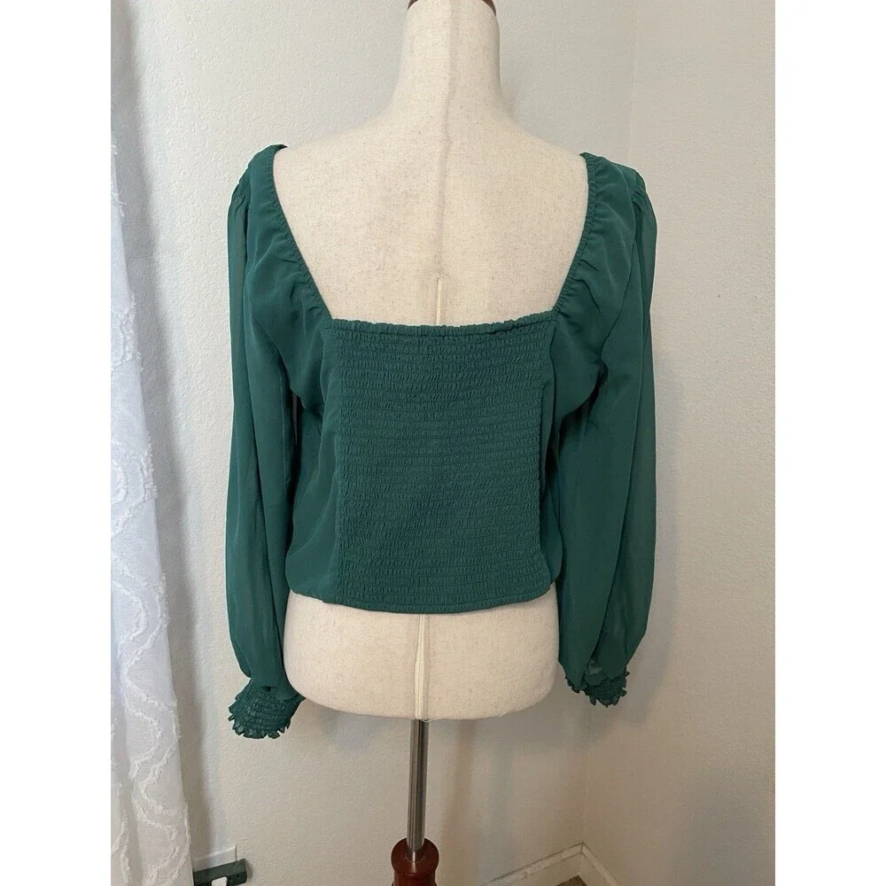 Abercrombie & Fitch Women XL Emerald Green Crop Top Puff Sleeve Feminine Chiffon